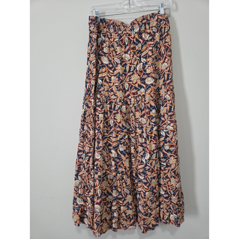 Wonderly Floral Paisley Tiered Maxi‎ Skirt XL Navy Rust Boho Rayon Crinkle Flowy - Picture 3 of 7